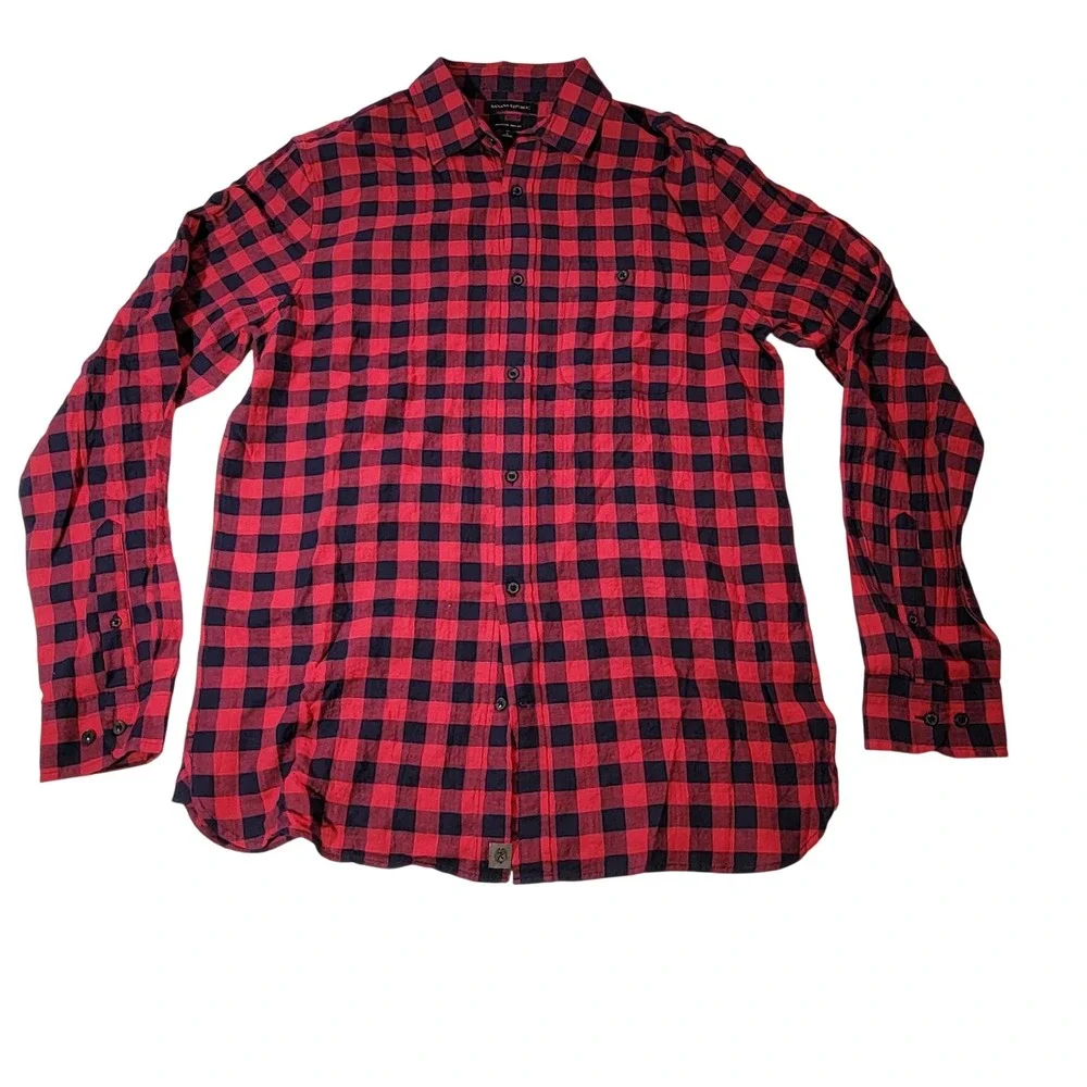 Banana Republic Mens Red Navy Buffalo Plaid Untucked Slim Fit Shirt Tall Large